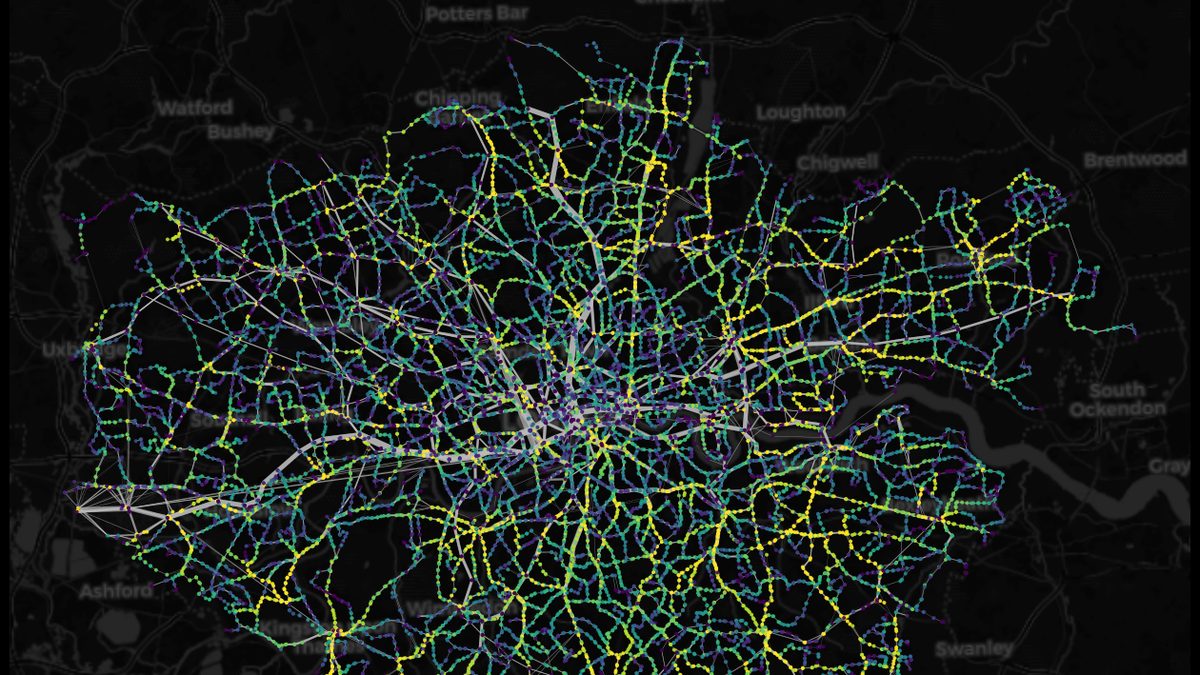 Betweenness centrality of every transit stop in London on a dark basemap