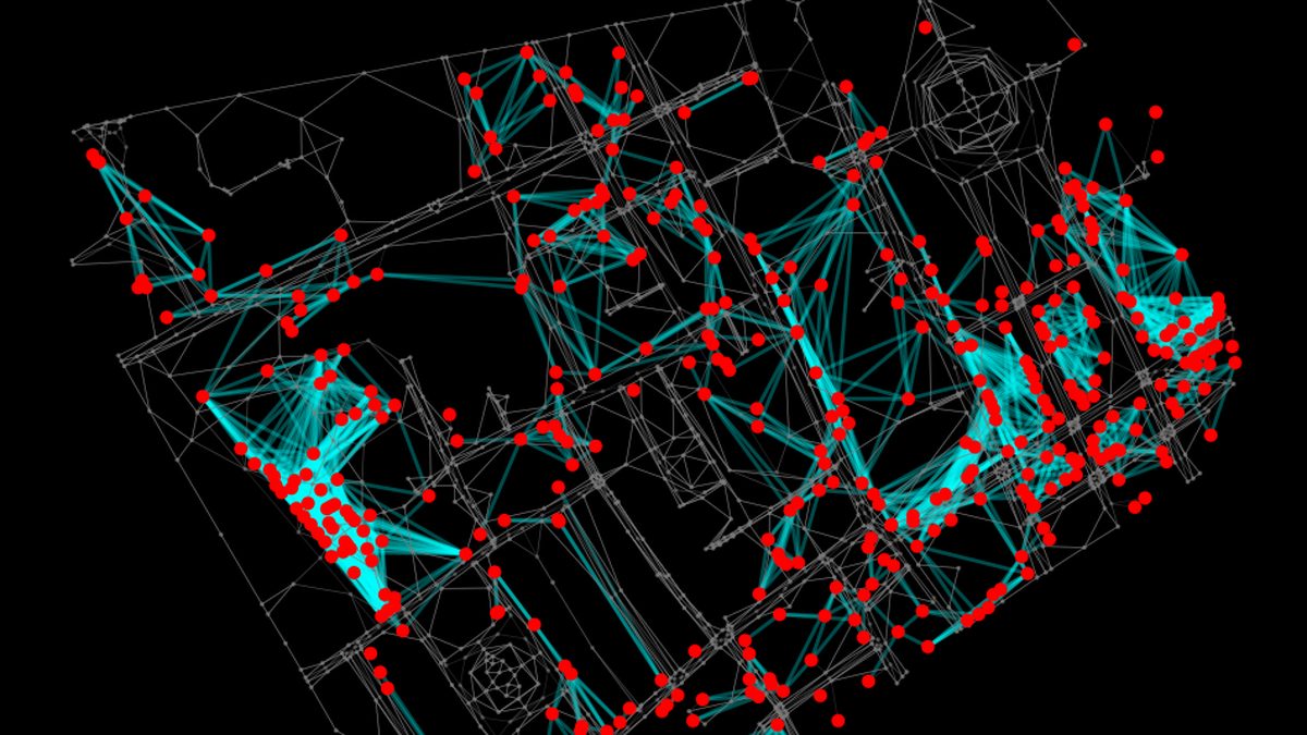 Metapath edges (cyan) linking amenities across the dual street graph of Soho, London