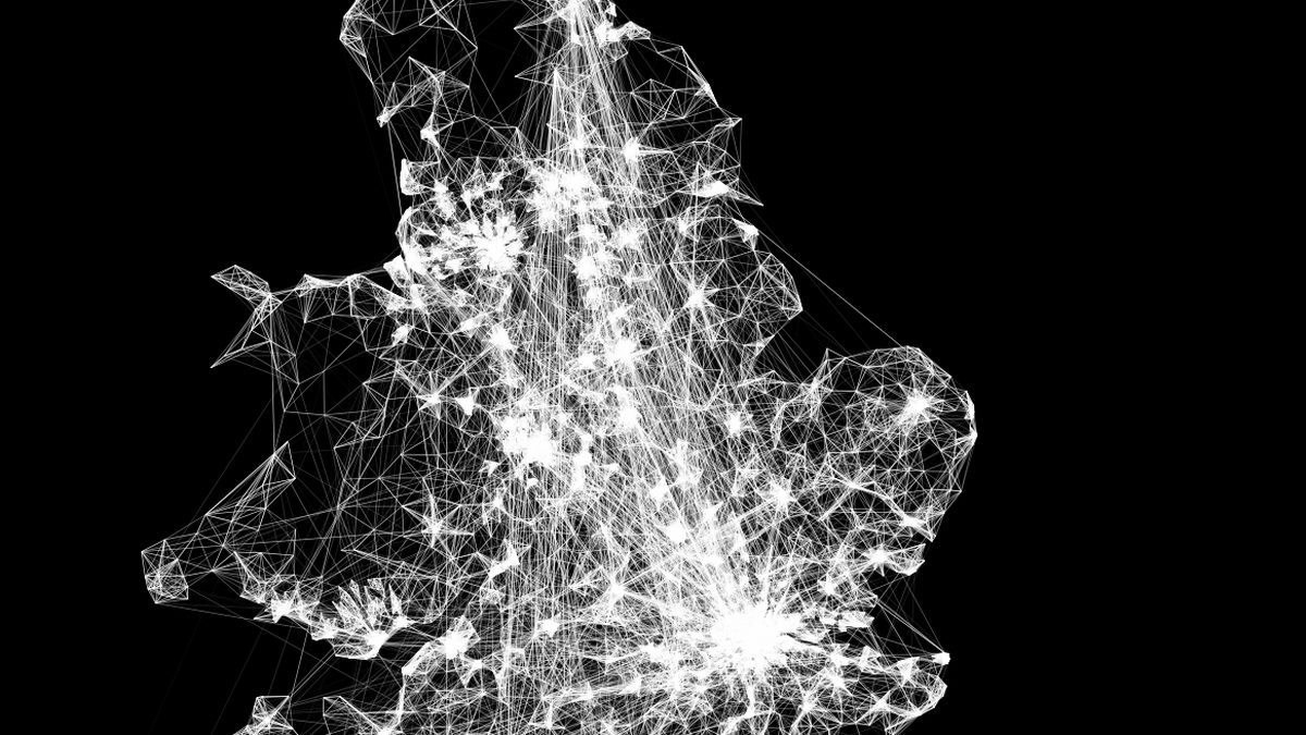 Migration flows between England and Wales MSOAs drawn as a white network on black