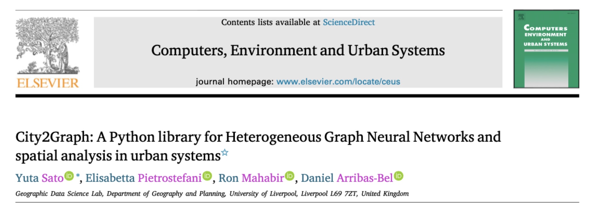 City2Graph paper in Computers, Environment and Urban Systems